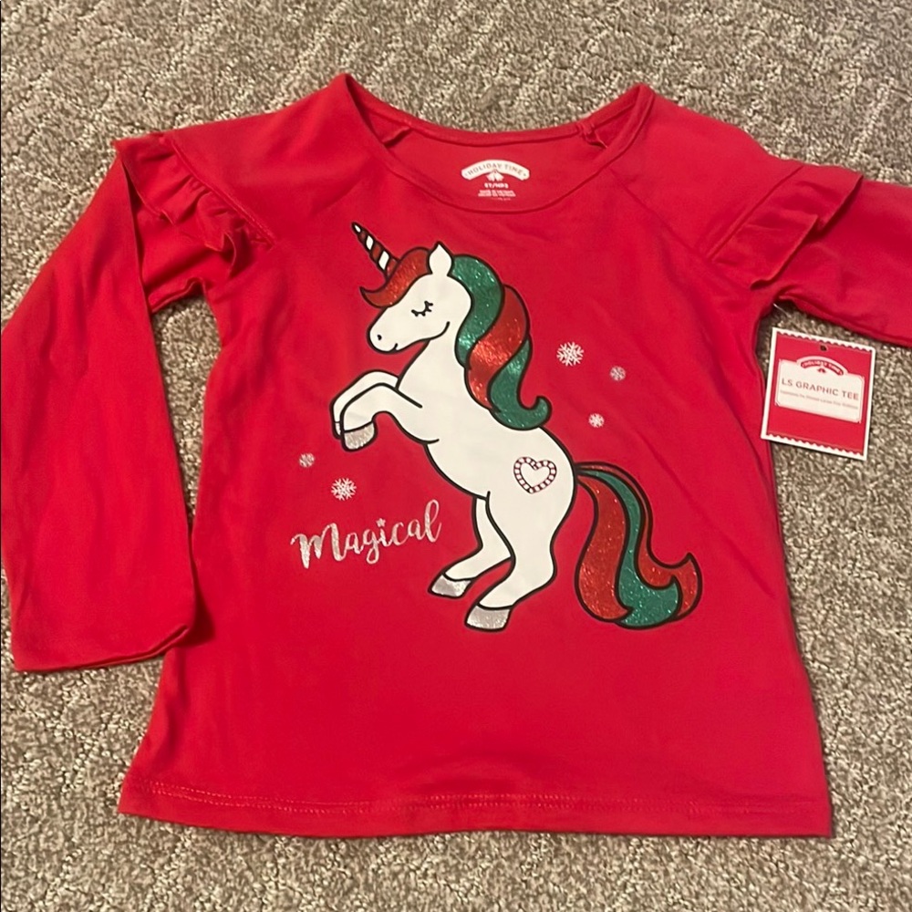 Vibrant Red Long Sleeve Tee with White Unicorn